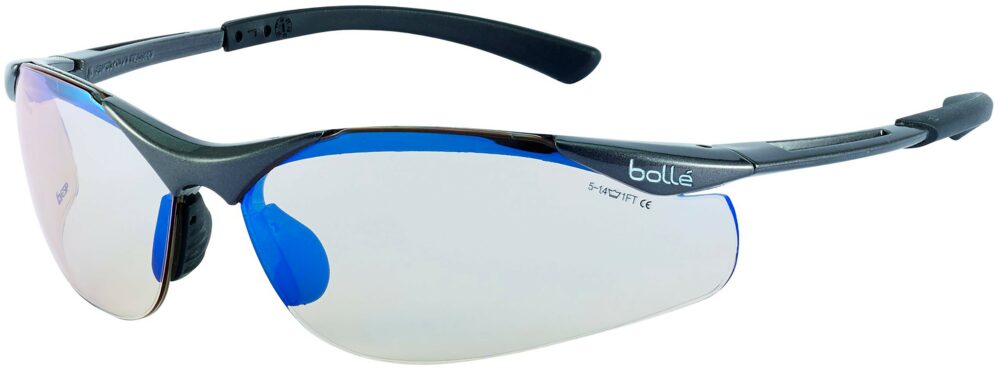 Bolle Contour Safety Glasses in a Dark Gunmetal Frame with Copper Flash ESP Lenses. Angled Left Side