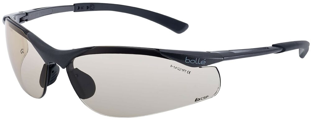 Bolle Contour Safety Glasses in Black Frame with CSP Lens. Angled Left Side