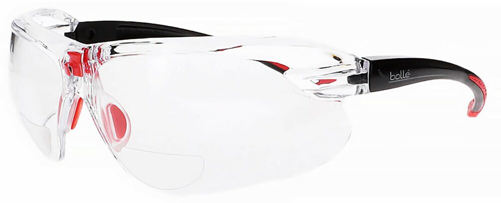 Bolle IRI-S Bifocal Safety Glasses in Black and Red Frame with Clear Lens, Angled to the Left Side, BO-IRI-S