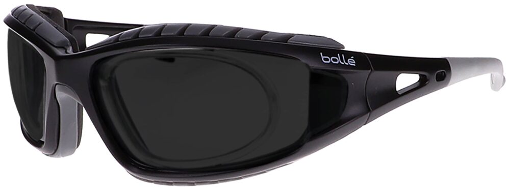 Bolle Tracker Prescription Safety Glasses in a Black frame with Smoke Lenses with RX Insert