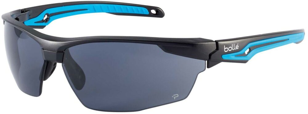 Bolle Tryon Safety Glasses in a Black and Blue Frame with Polarized Gray Lenses. Angled Left