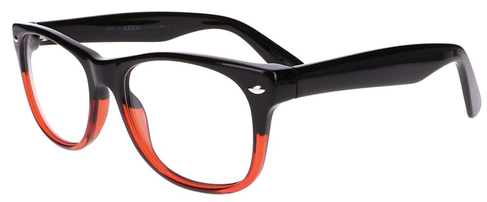 Geek RAD 09 Eyeglasses, Black and Red frame. Angled left