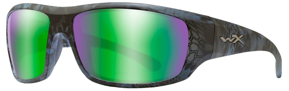 Wiley X Omega in Kryptek Neptune Frame with Polarized Emerald Mirror Amber Lenses, Angled to the Side Left, WX-ACOME13