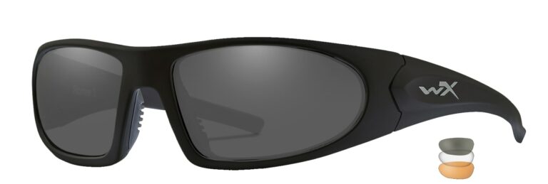 Wiley X Romer 3 in Matte Black Frame with smoke Grey, Clear, and Light Rust Lens, Angled to the Side Left