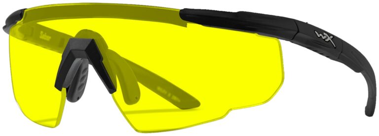 Wiley X Saber in Matte Black Frame with Pale Yellow Lenses, Angled to the Side Left