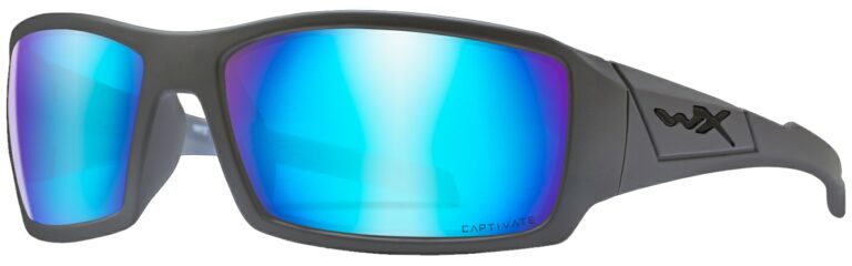 Wiley X Twisted in Matte Grey Frame with Captivate Polarized Blue Mirror Lens, Angled to the Side Left