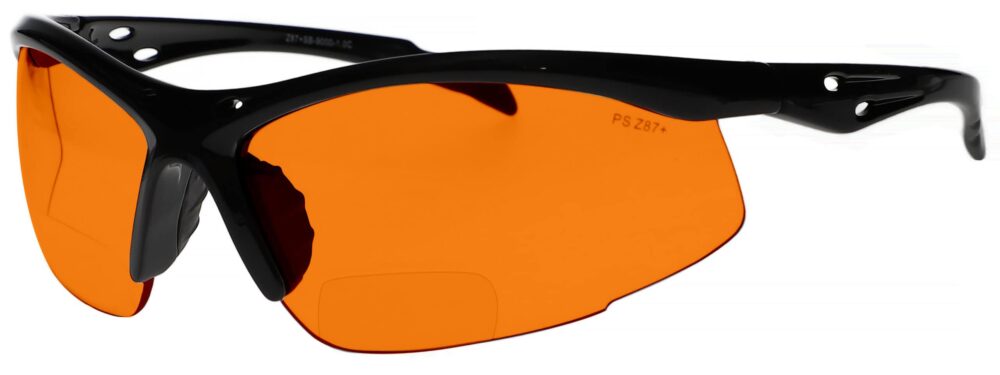 Bifocal Safety Glasses Model 9000 in Black Frame with Dark Orange Lens, Angled to the Left Side, SB-9000-DC