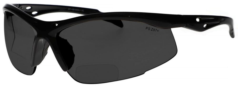 Bifocal Safety Glasses Model 9000 in Black Frame with Smoke Lens, Angled to the Left Side, SB-9000-S