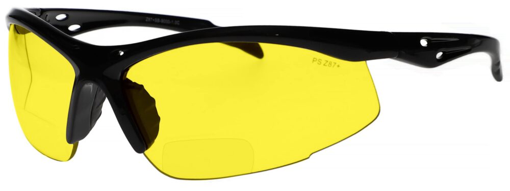 Bifocal Safety Glasses Model 9000 in Black Frame with Yellow Lens, Angled to the Left Side, SB-9000-Y