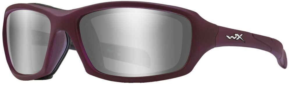 Wiley X Sleek Sunglasses in Matte Violet Frame with Silver Flash Lenses, Angled to the Side Left