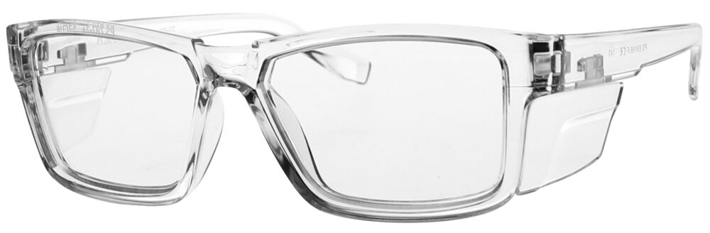Prescription Safety Glasses T9538S in a Clear Frame, Angled Left Side. RX-T9538S-CC