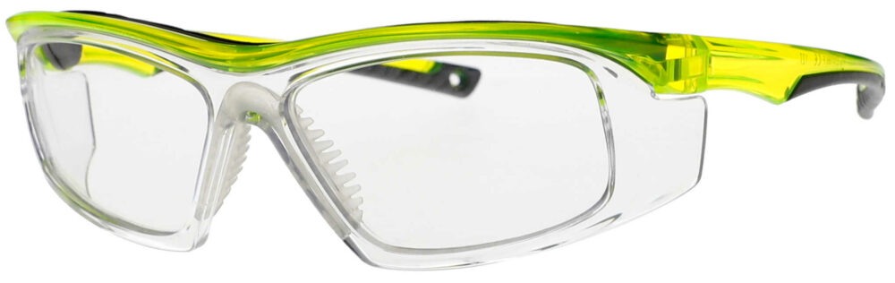 Prescription Safety Glasses T9559 in a Clear Neon Green Frame, Angled Left Side. RX-T9559-GN