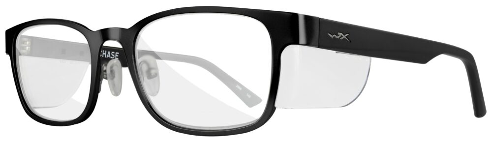 Wiley X Chase in a Matte Black Frame with Side Shields, Angled Left Side. WX-WSCHS01