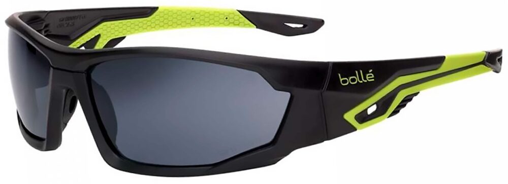 Bolle Mercuro Safety Glasses in Black and Yellow Frame with Smoke Platinum Lens. Angled Left Side