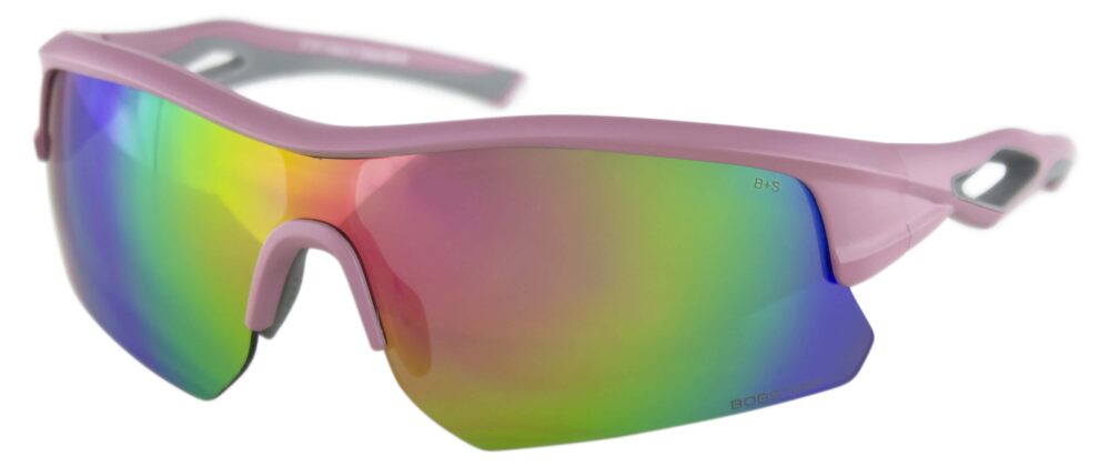 Bobster Dash Sunglasses in a matte pink frame with smoke pink revo mirror lenses. Angled left side