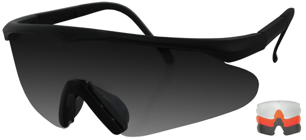 Bobster ESB Safety Glasses in a matte black frame with amber, smoke and clear lenses. Angled left side
