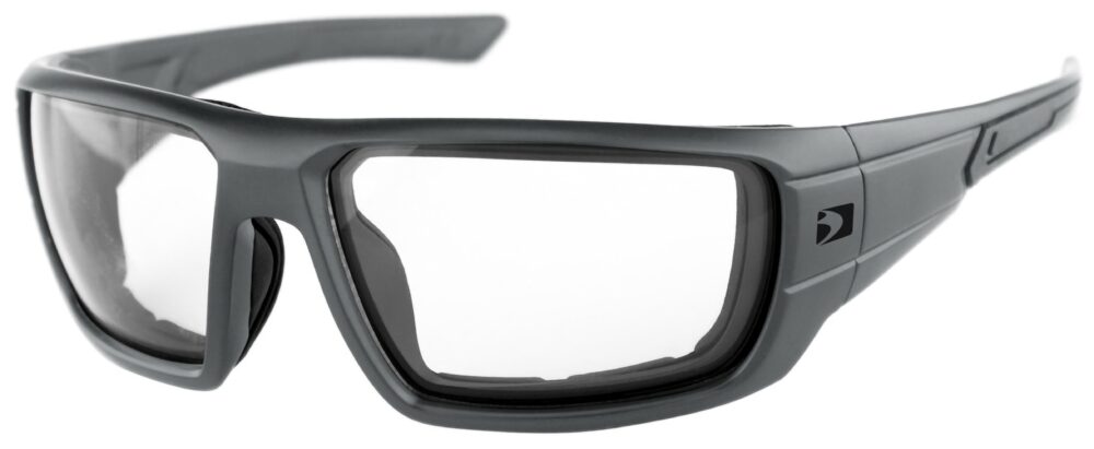 Bobster Mission Sunglasses in a matte gray frame with clear lenses. Angled left side