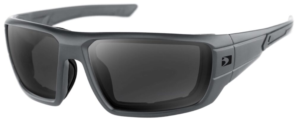 Bobster Mission Sunglasses in a matte gray frame with smoke lenses. Angled left side