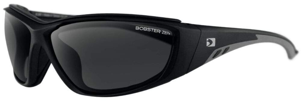 Bobster Rider Safety Sunglasses in a matte black frame with smoke lenses. Angled left side