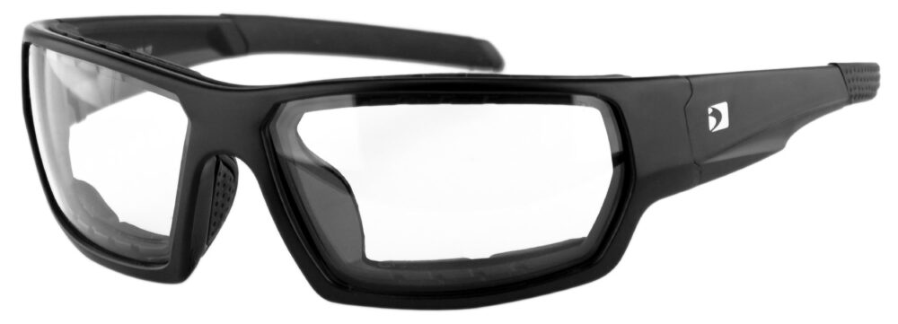 Bobster Tread Safety Sunglasses in a matte black frame with clear lenses. Angled left side