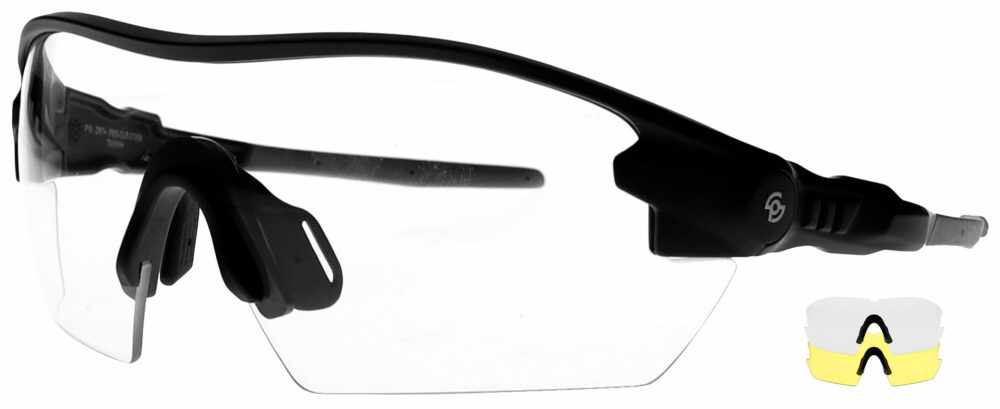 Prescription Safety Glasses 21504 in a Black Frame with Clear and Yellow Lens, Kit. Angled Left Side. PSG-CLR-YLW-21504-KIT