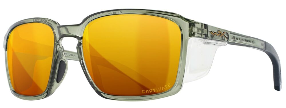 Wiley X Alfa Sunglasses with side shields in a Gloss Crystal Light Olive Frame with Captive Polarized Bronze Mirror Lens. Angled left