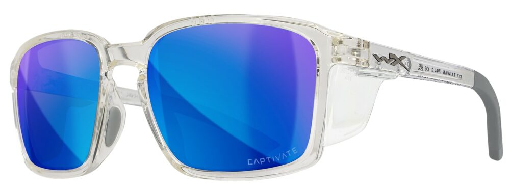 Wiley X Alfa Sunglasses with side shields in a Gloss Clear Crystal Frame with Captive Polarized Blue Mirror Lens. Angled left