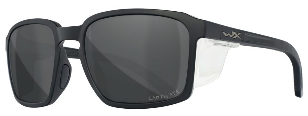 Wiley X Alfa Sunglasses with side shields in a Matte Black Frame with Captive Polarized Gray Lens. Angled left