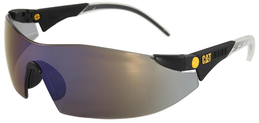 Caterpillar Dozer Safety Glasses, with Blue Mirror Lens. Angled Left