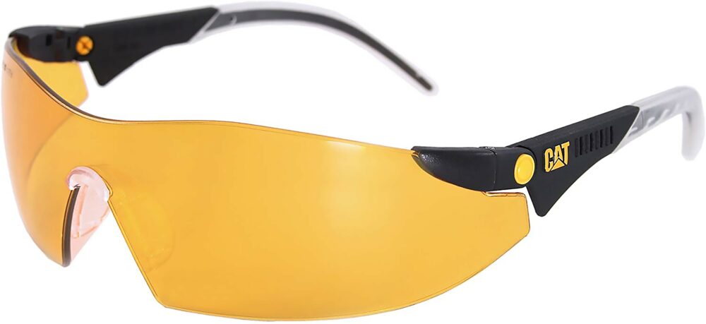 Caterpillar Dozer Safety Glasses, with Orange Lens. Angled Left