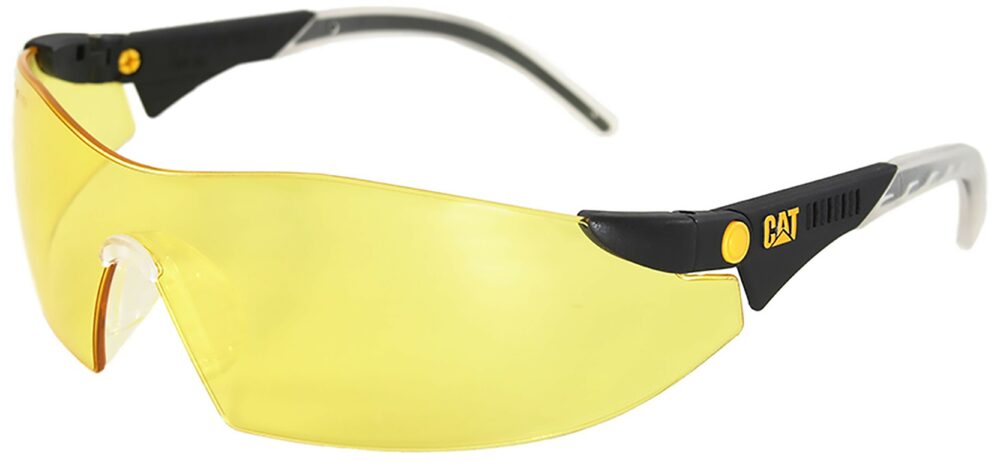 Caterpillar Dozer Safety Glasses, with Yellow Lens. Angled Left