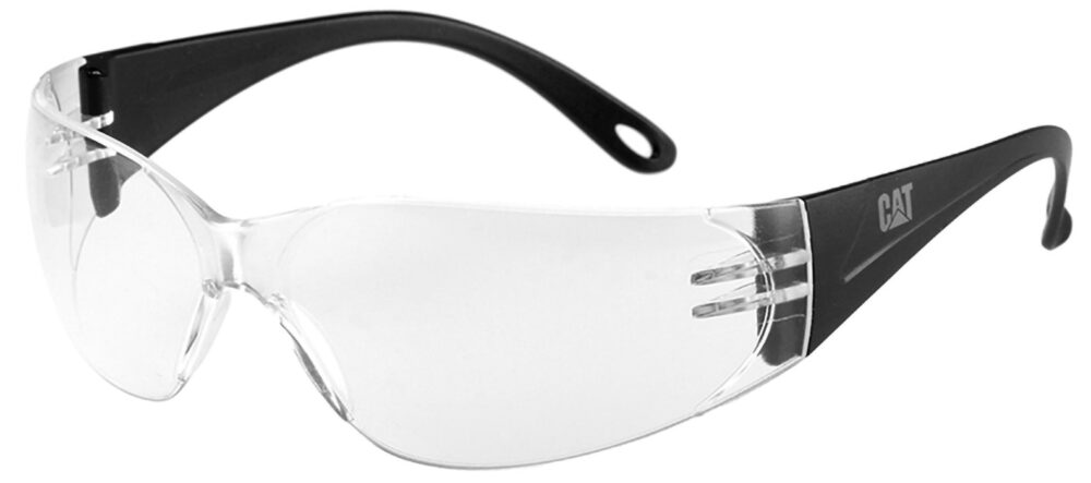 Caterpillar Jet Safety Glasses, with Clear Lens. Angled Left