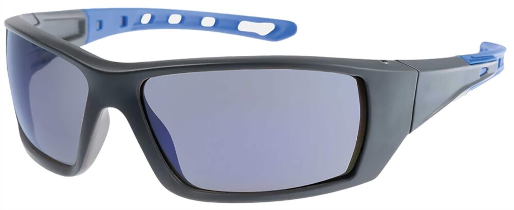 Caterpillar Planer Safety Glasses, Black and Blue with Blue Mirror Lens. Angled Left