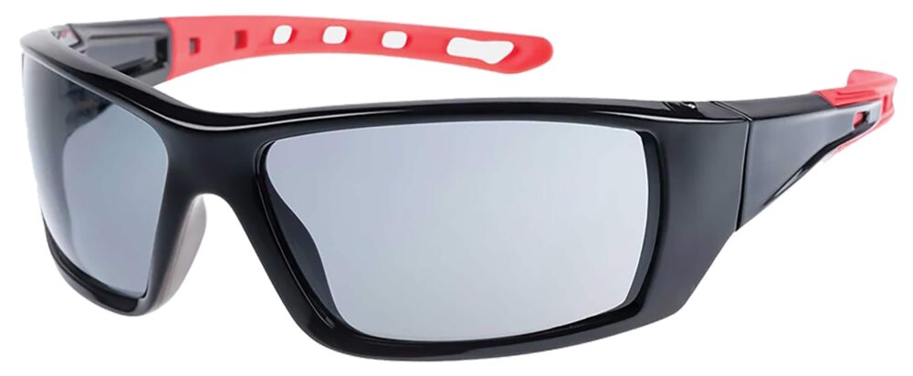 Caterpillar Planer Safety Glasses, Black and Red with Smoke Lens. Angled Left