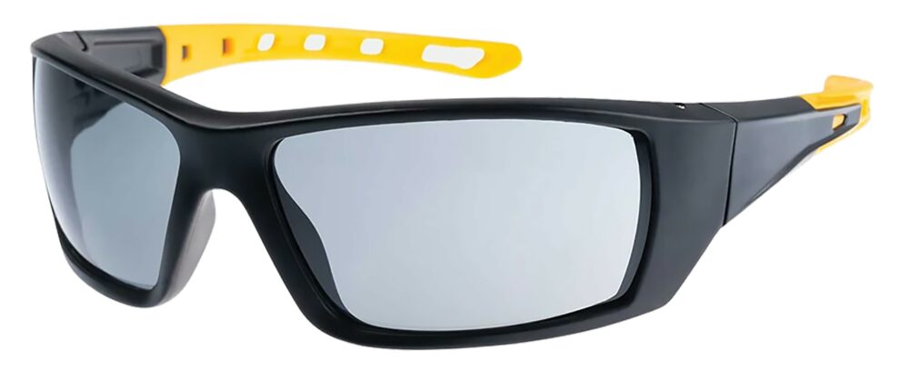 Caterpillar Planer Safety Glasses, Black and Yellow with Smoke Lens. Angled Left