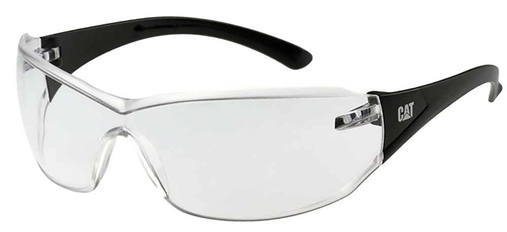 Caterpillar Shield Safety Glasses, Black with Clear Lens. Angled Left