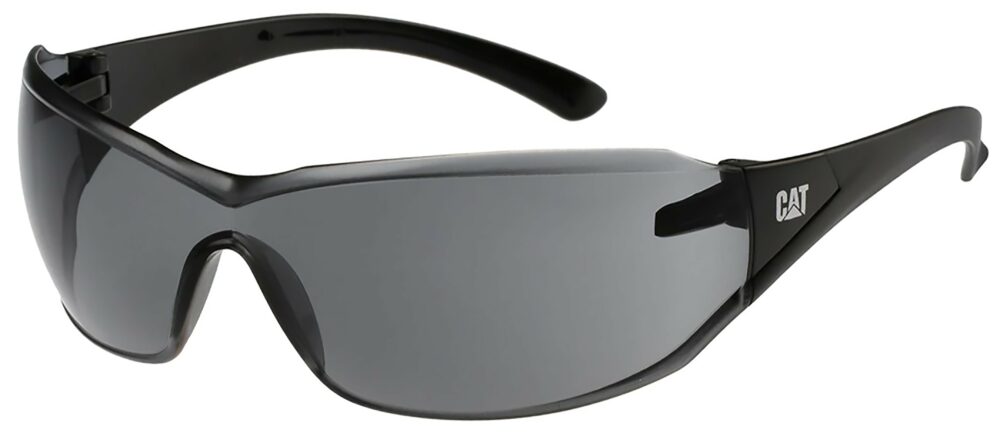 Caterpillar Shield Safety Glasses, Black with Smoke Lens. Angled Left