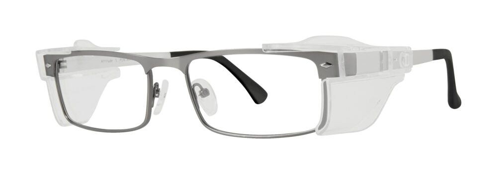Pentax Attitude 5 Glasses, Matte Gray and Silver frame with side shields. Angled left