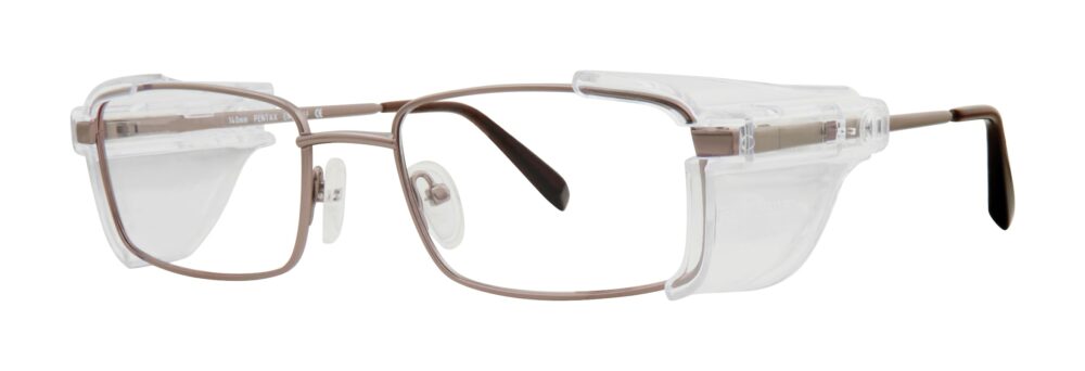 Pentax DP600 glasses, brown frame with side shields. Angled left