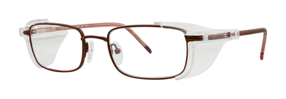 Pentax DP720 glasses, matte brown frame with side shields. Angled left