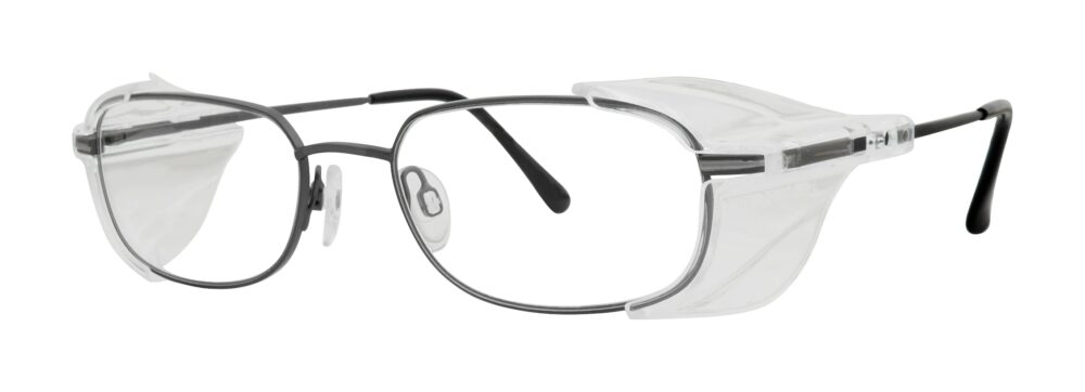 Pentax DP820 glasses, gunmetal frame with side shields. Angled left