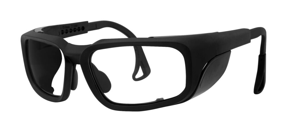 Pentax ZT100 Safety Glasses, black frame with black side shields. Angled left
