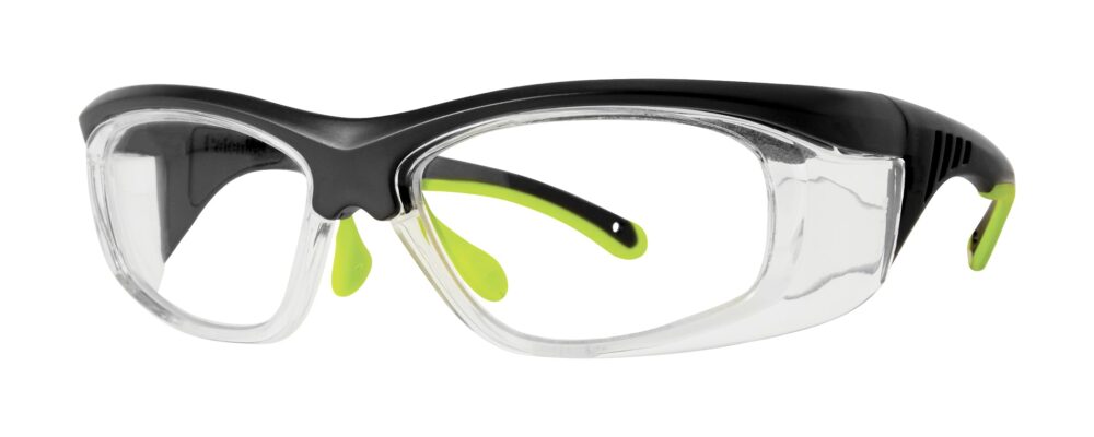 Pentax ZT200 Safety Glasses, black and lime green frame with clear lens. Angled left
