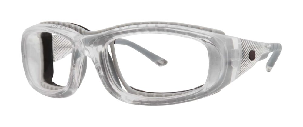 Pentax ZT55 Safety Glasses, crystal and gray frame. Angled left