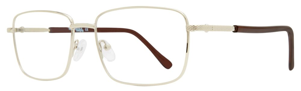 Affordable Designs Johnny Eyeglasses, Gold frame. Angled left