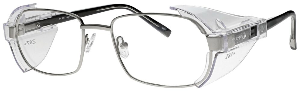 Prescription Safety Glasses RX-125, Silver frame. Angled Left