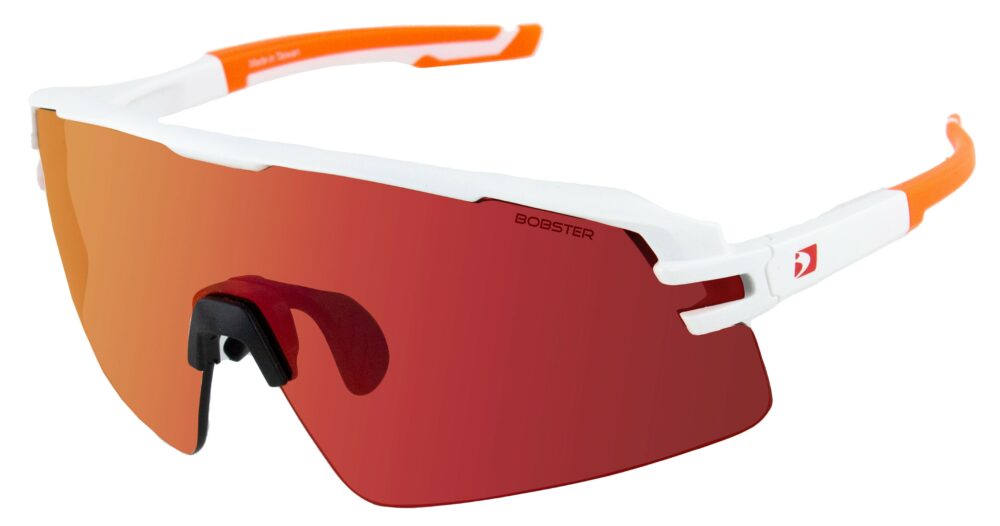 Bobster Flash Sunglasses in a Matte White Orange frame with Smoke Black Red Revo lens. Angled left