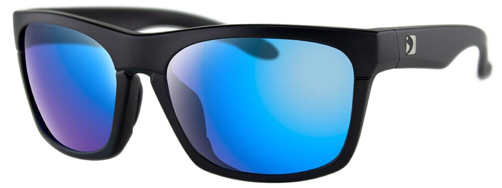 Bobster Route Sunglasses, Matte black frame with Purple High Definition Light Blue Revo Mirror lens. Angled left