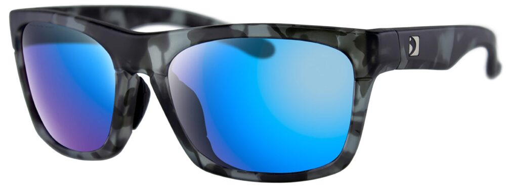 Bobster Route Sunglasses, Matte Gray Tortoise frame with Purple High Definition Light Blue Revo Mirror lens. Angled left