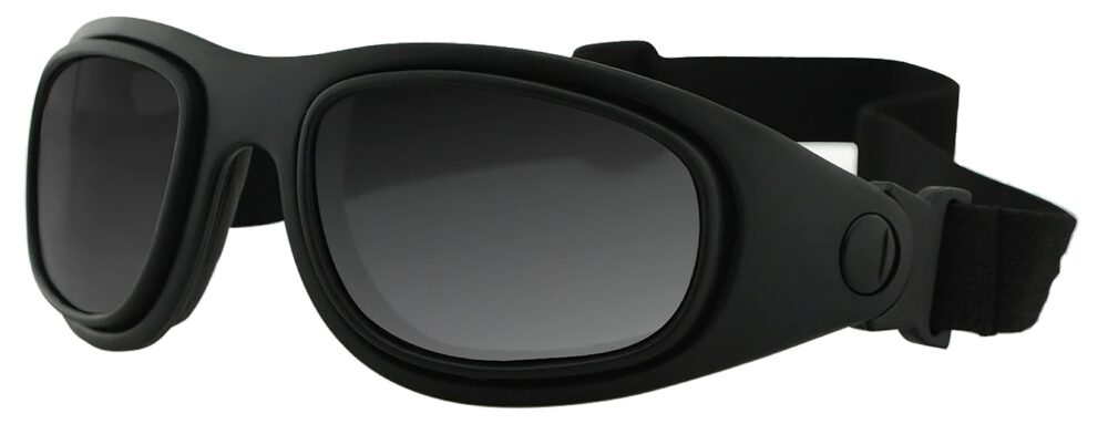 Bobster Sport & Street 2 Sunglasses, Matte black frame with smoke lens and strap. Angled left